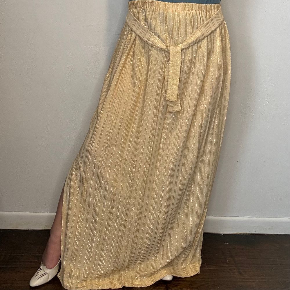 Vintage Gold Shiny Striped Maxi Skirt with Belt Tie & Side Slit No Tags or Size
